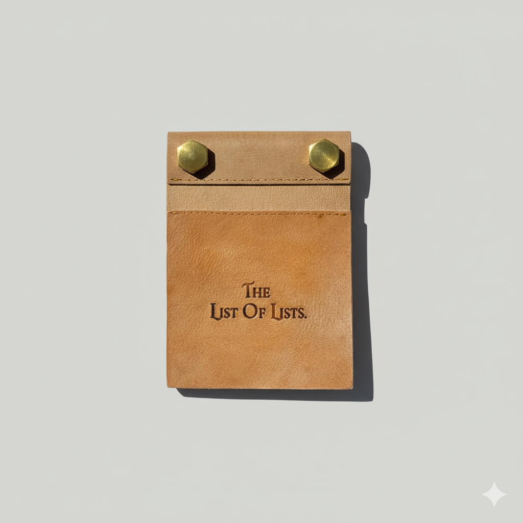 Three leather notepads fanned showing title options