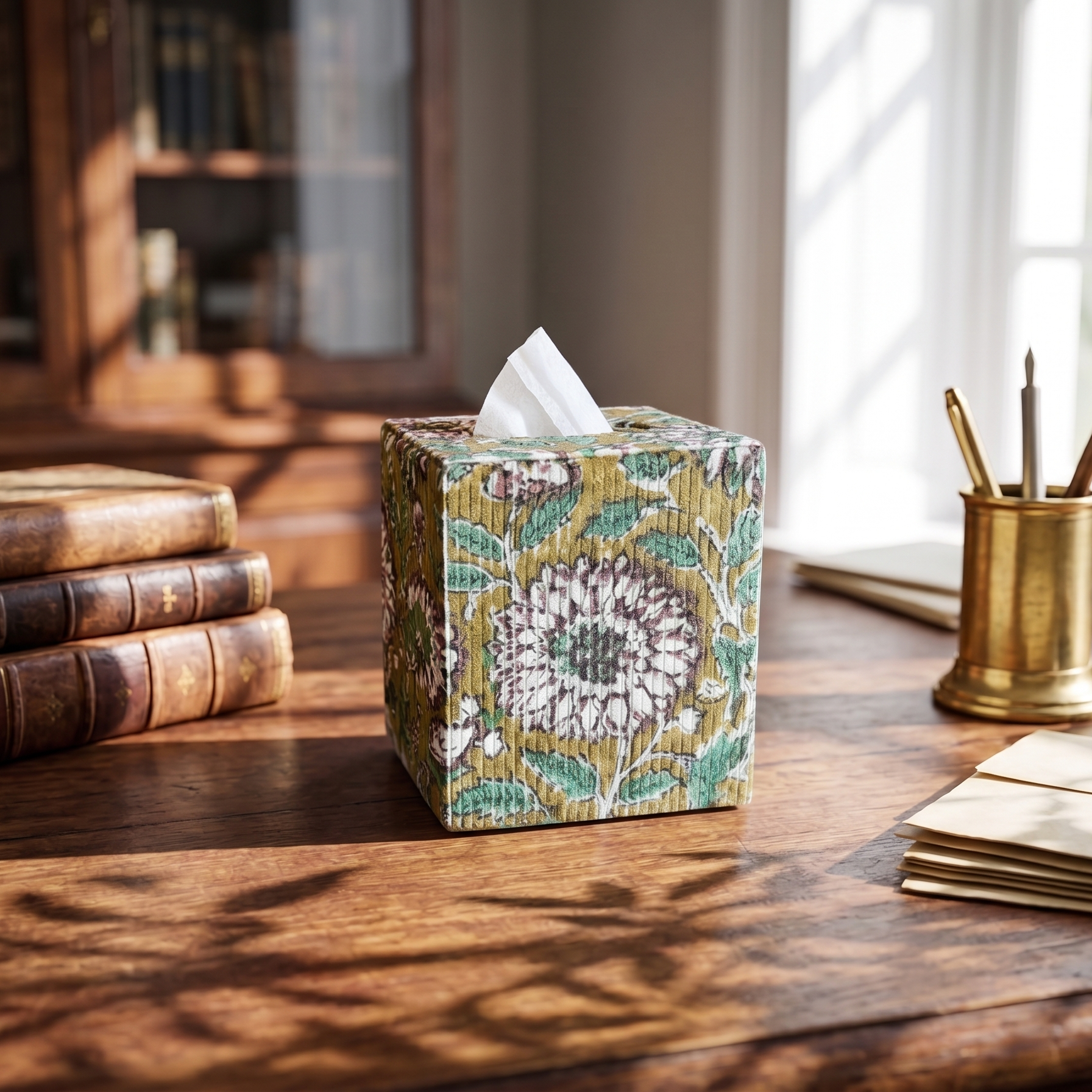 Sage Haven tissue box cover, front view