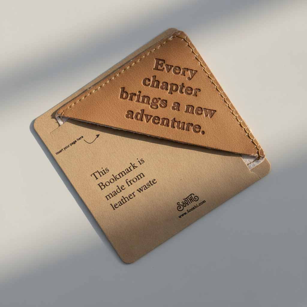 Leather bookmark with text on a gray background