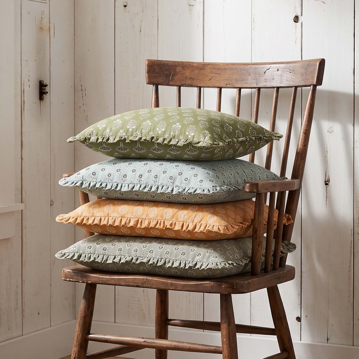 Block-printed ruffled pillows arranged on wooden chair