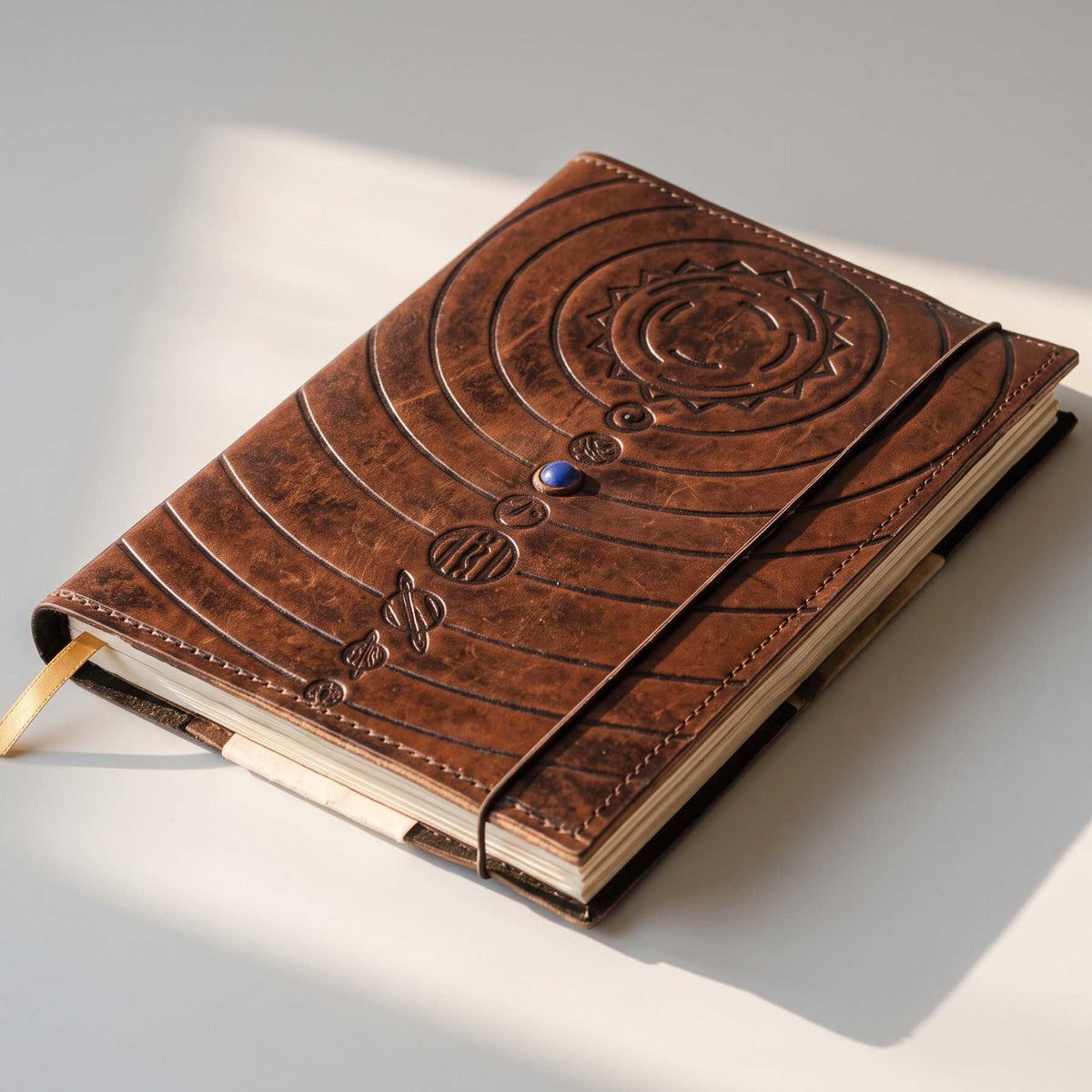 A brown embossed leather journal with a spiral-bound cover, featuring a small blue gemstone and gold ribbon bookmark, photographed on a light gray surface with soft diagonal shadows.