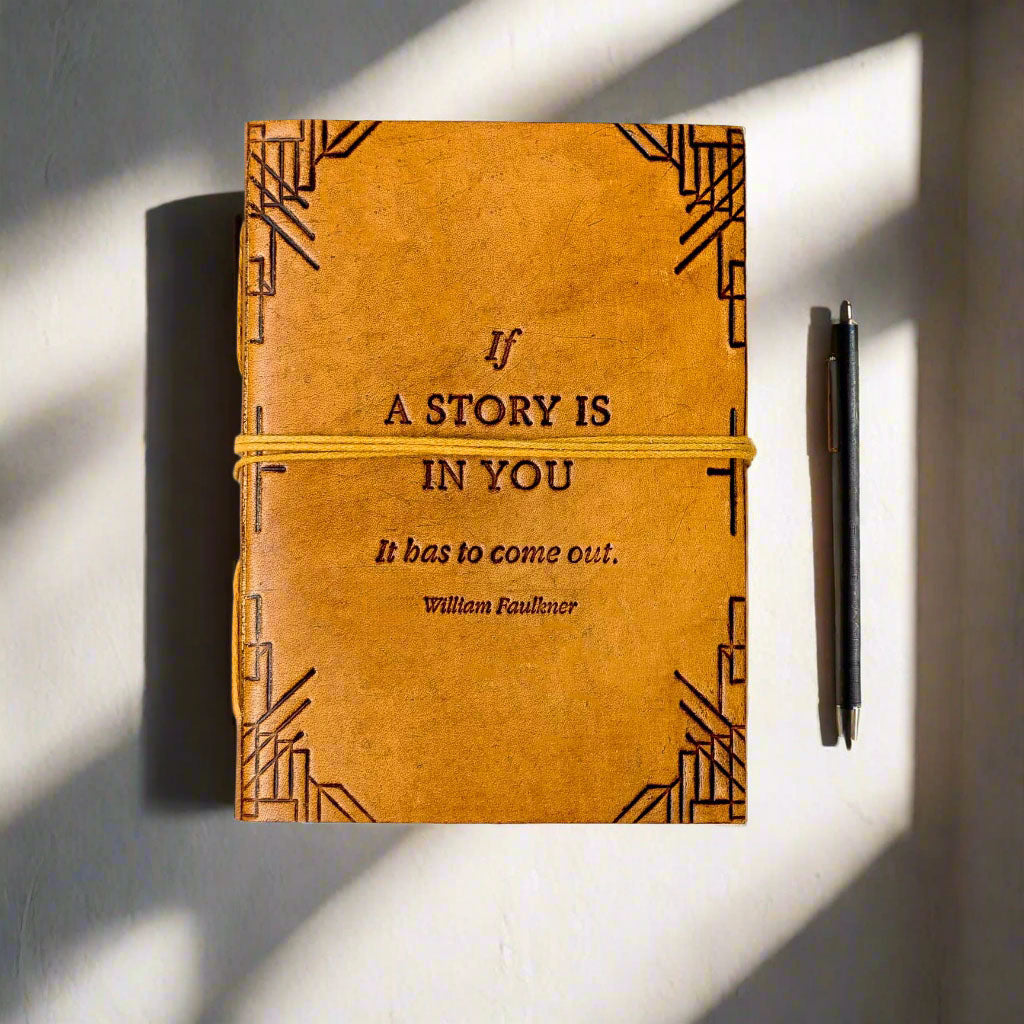 "If A Story" Handmade Leather Journal with poetic quote pressed into the cover – a quiet companion for twilight thoughts