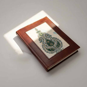 Flat lay of a 5x7 block print cotton notebook