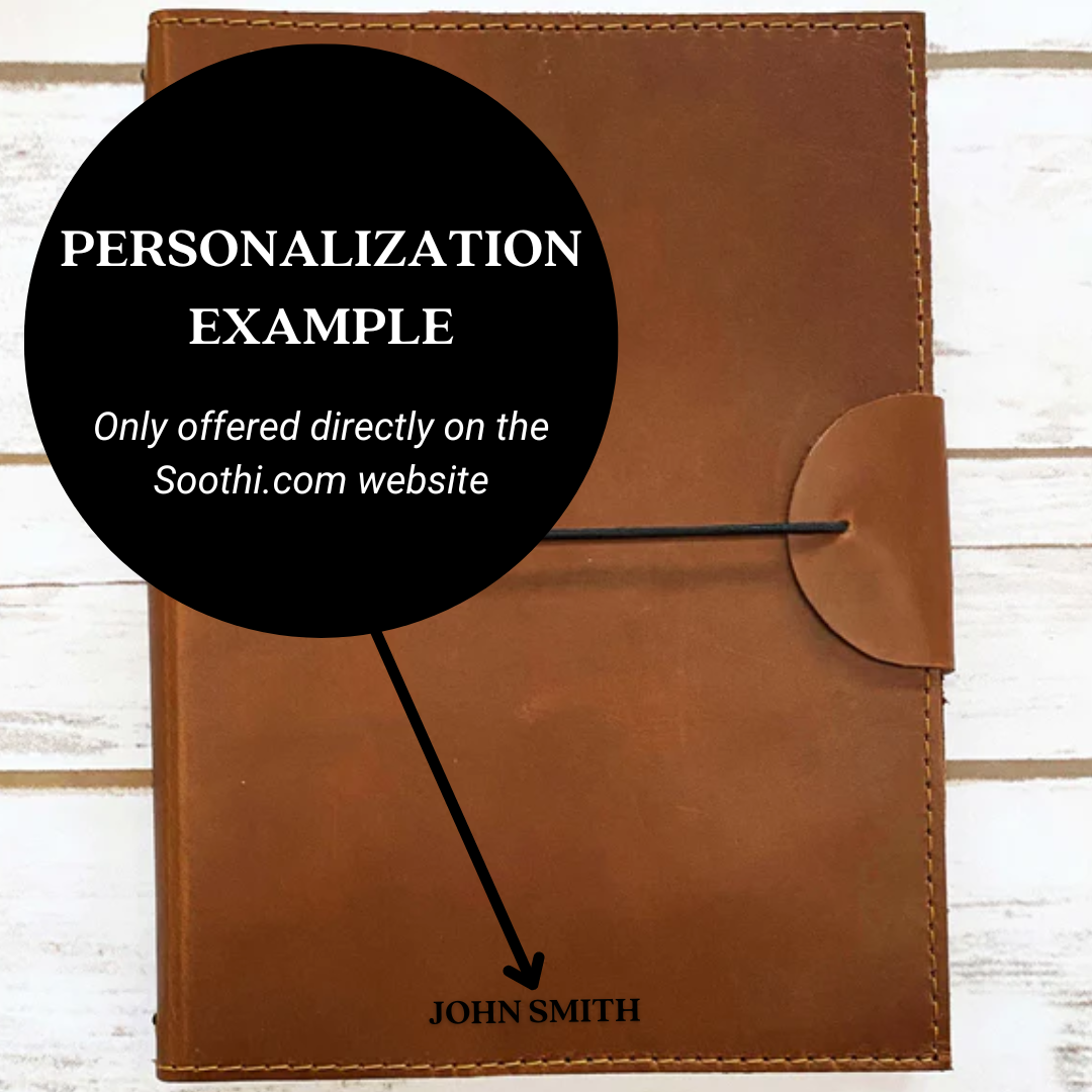 A5 leather traveler's journal open flat showing khadi paper notebooks