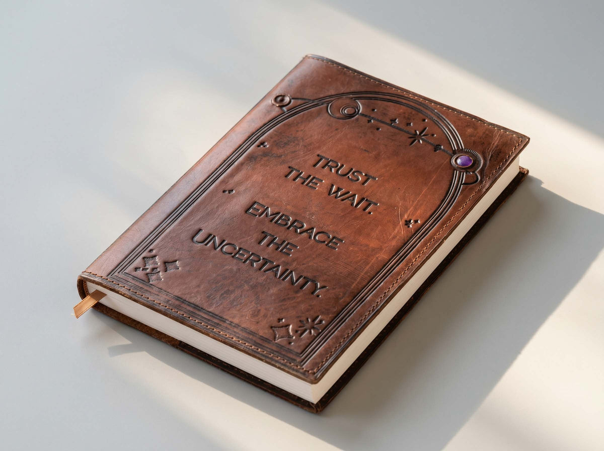 A brown leather-bound journal with embossed gothic-style lettering and a small purple gem accent on the cover, resting on a light gray surface with soft diagonal shadows.