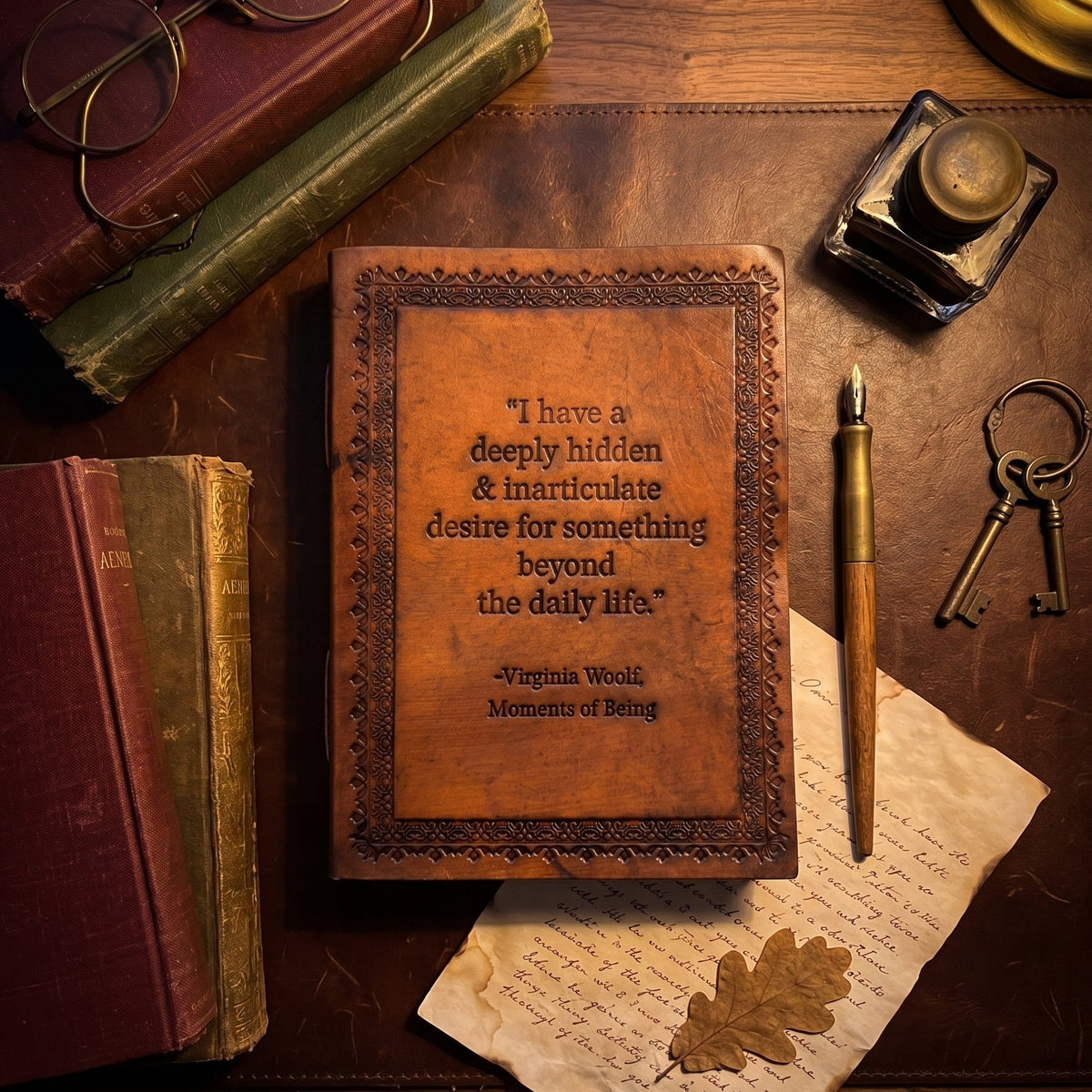 Desire Beyond Daily Life brown leather journal viewed from another angle