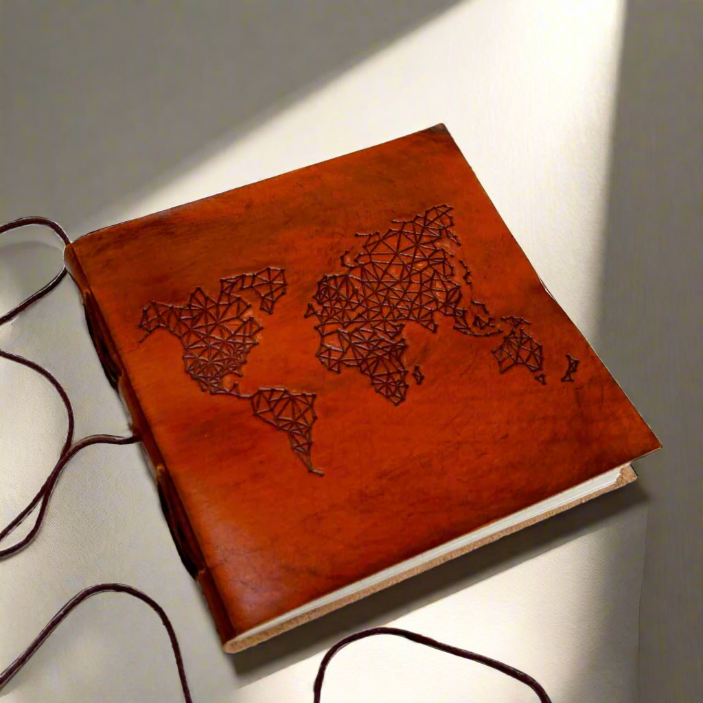 World Map 7x7 leather journal with embossed continents cover