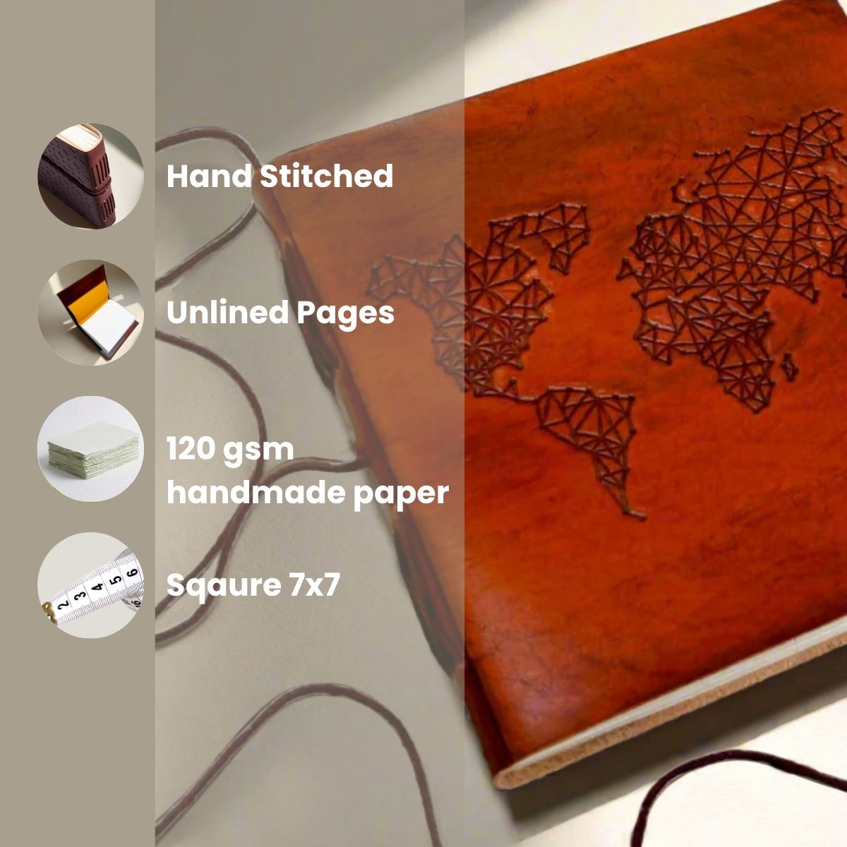 Embossed world map across brown repurposed leather journal cover