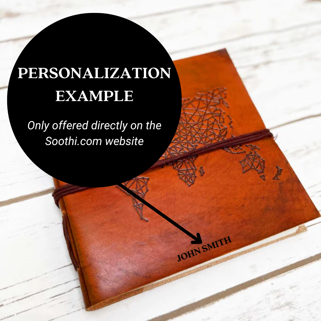 Personalization placement guide for the World Map 7x7 leather journal