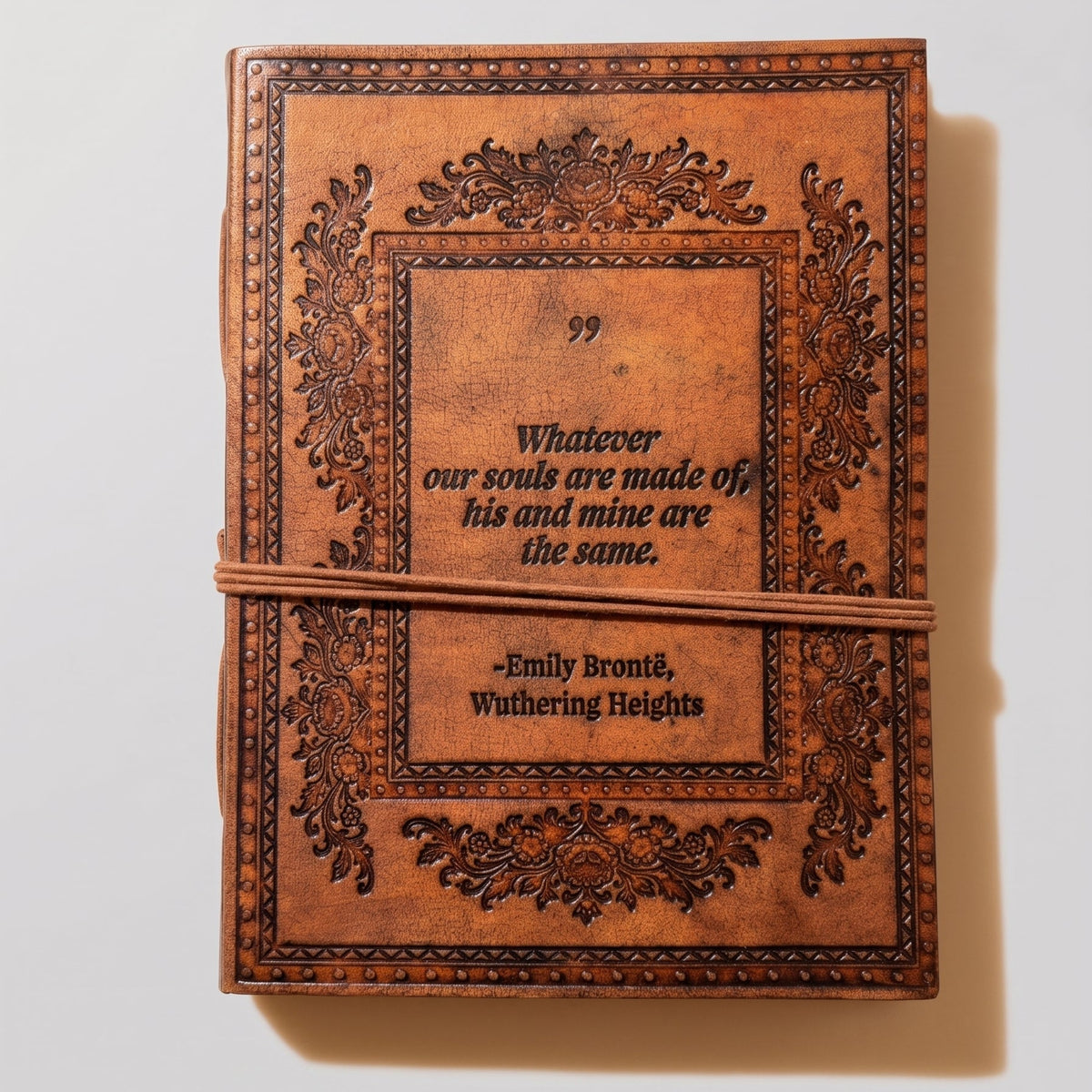 Whatever Our Souls Are Made Of brown leather journal viewed from another angle