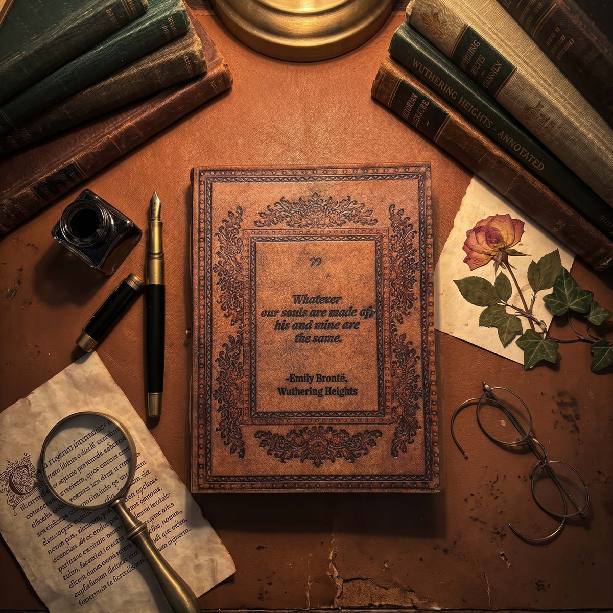 Whatever Our Souls Are Made Of brown leather journal photographed from a different angle