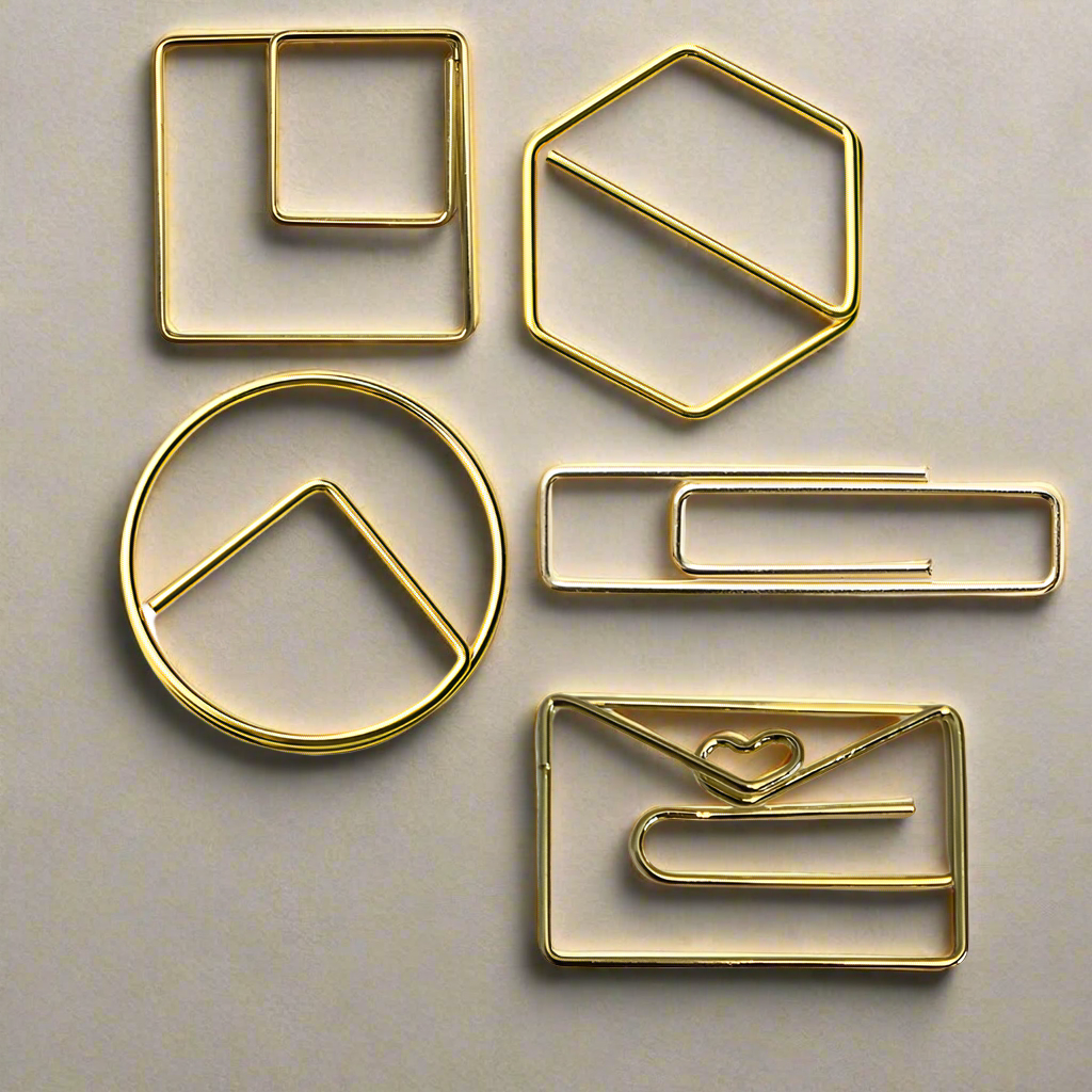 Stylish gold paper clips in unique geometric shapes – modern, functional, and perfect for adding flair to your workspace