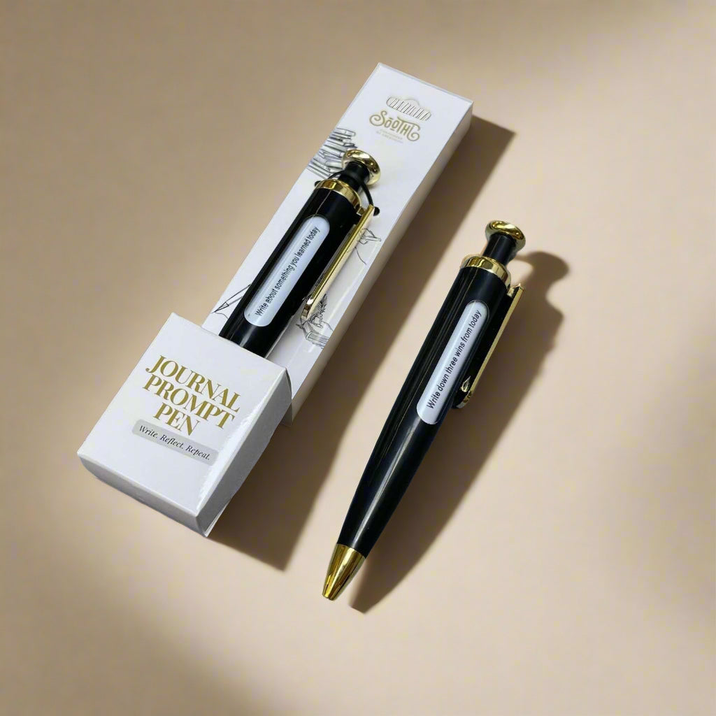 Soothi ballpoint pen with luxurious gold details and journal prompt - write, reflect, repeat