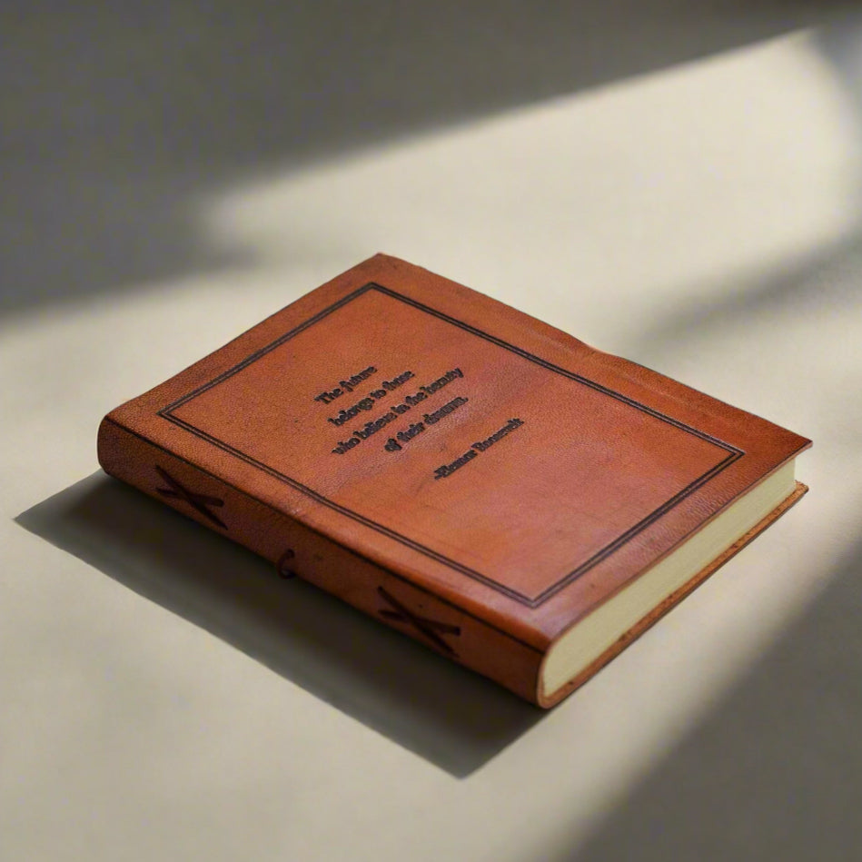 Minimalist leather notebook with embossed mantra – ethically made, ideal for personal growth and inner peace