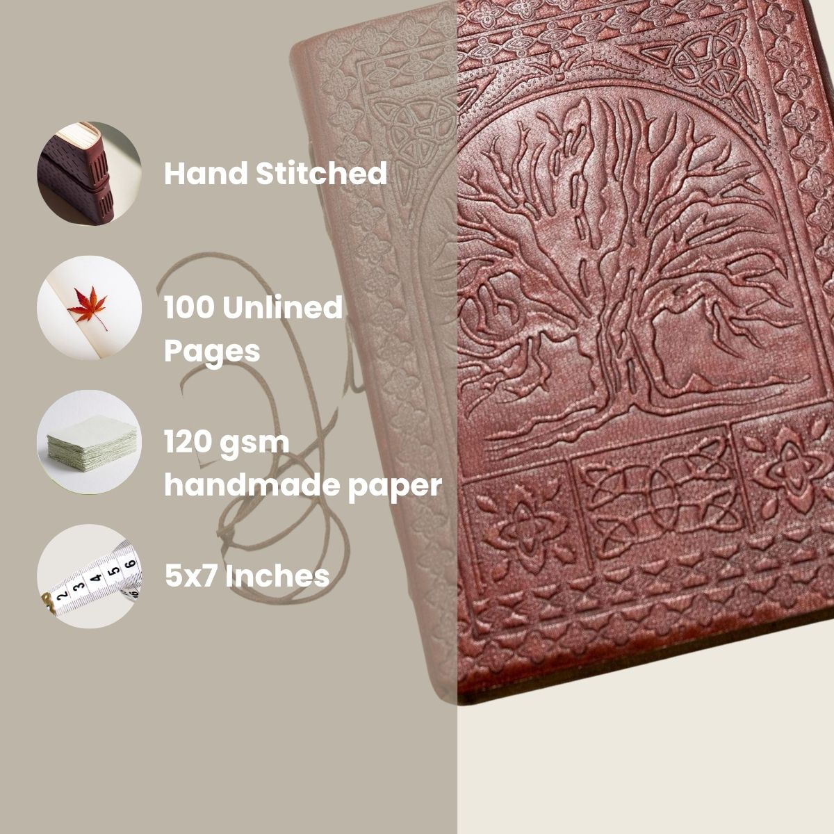 Different angle of the Tree of Life Debossed Leather Journal showing the cover and page edges