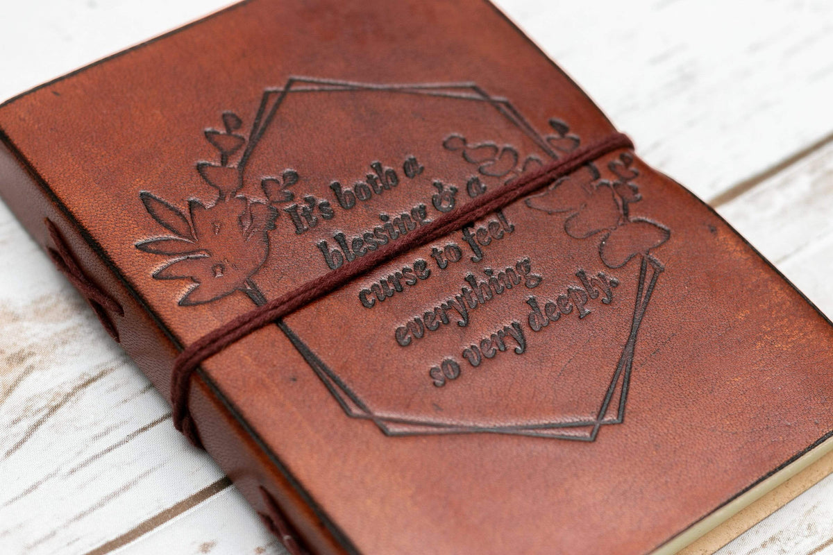 Feel Deeply 5x7 brown leather journal, front cover