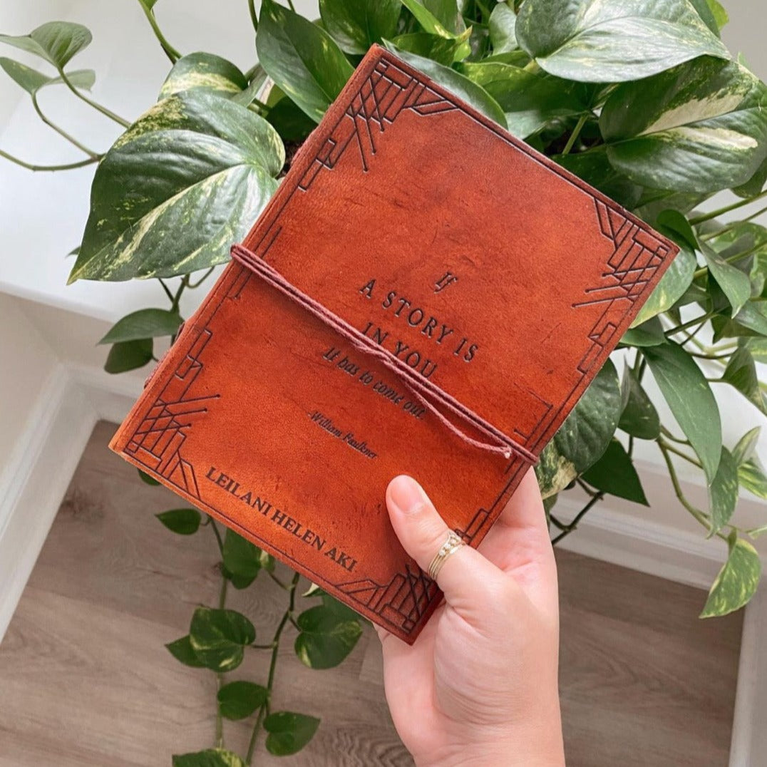 If A Story embossed leather journal in repurposed leather