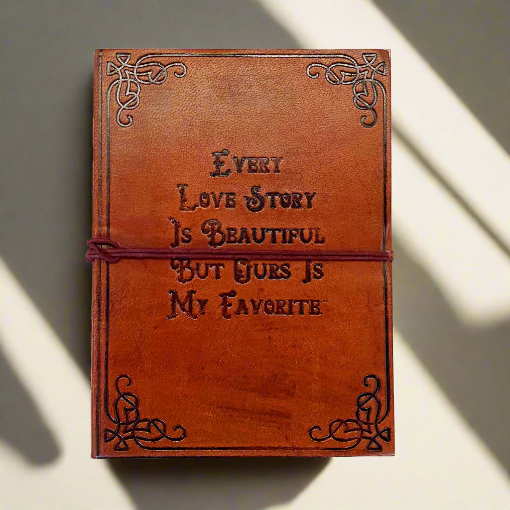 Our Love Story 5x7 brown leather journal, front cover