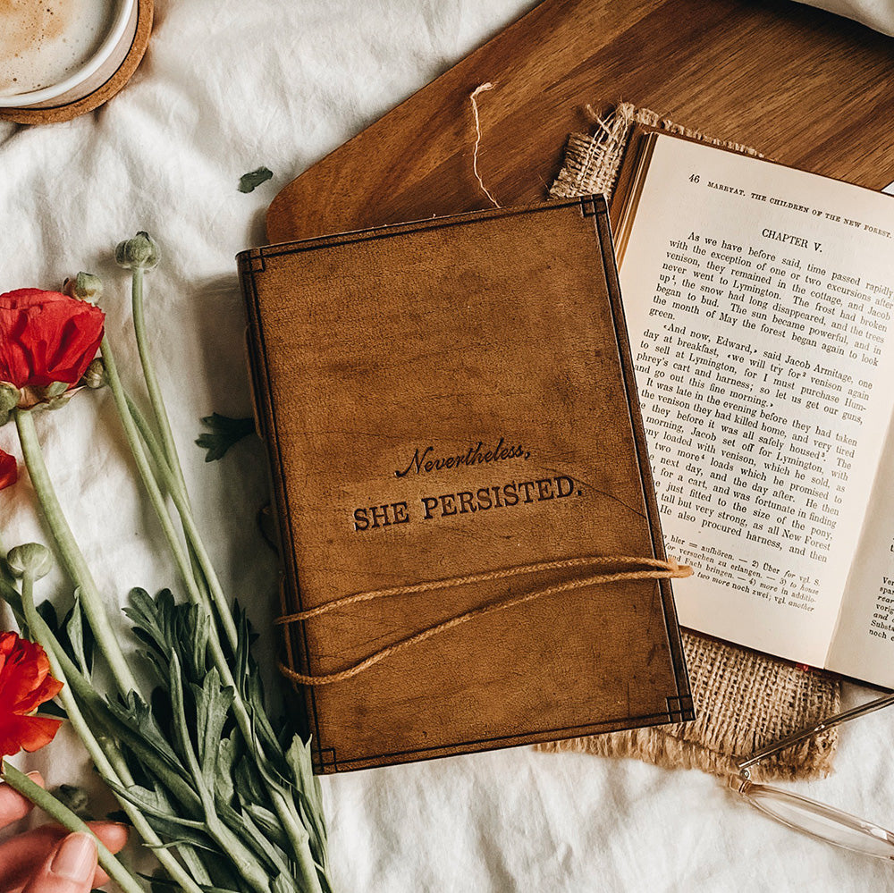 She Persisted 5x7 tan leather journal, front cover