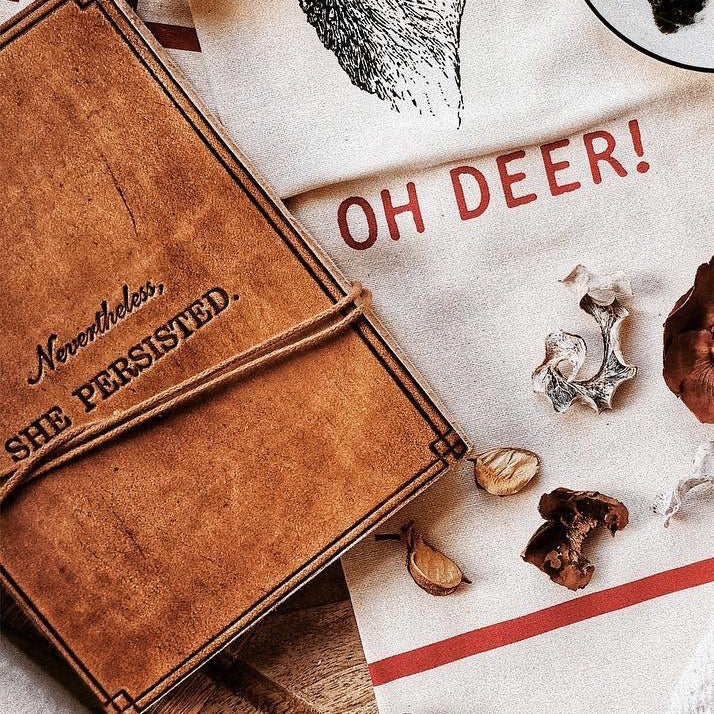 She Persisted 5x7 tan leather journal, alternate angle