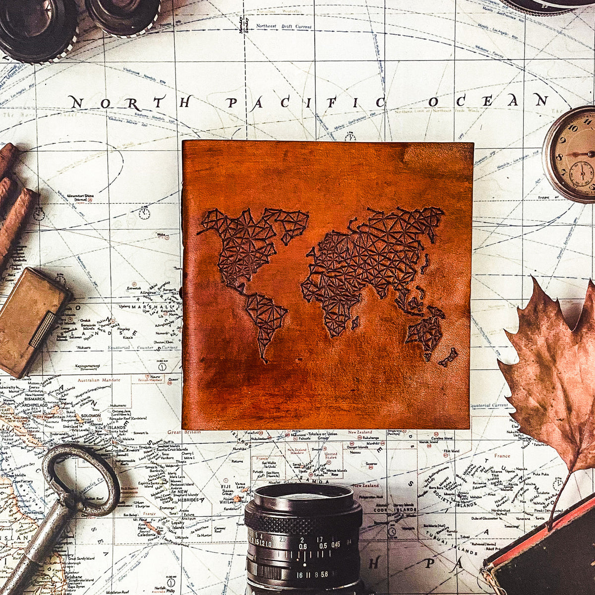 World Map 7x7 leather journal with string-tie closure