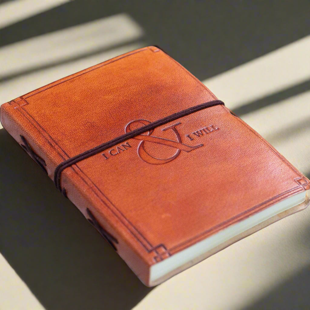 Soothi brown leather journal with the embossed quote 'I Can & I Will' on the cover - perfect for journaling, reflection, and manifesting