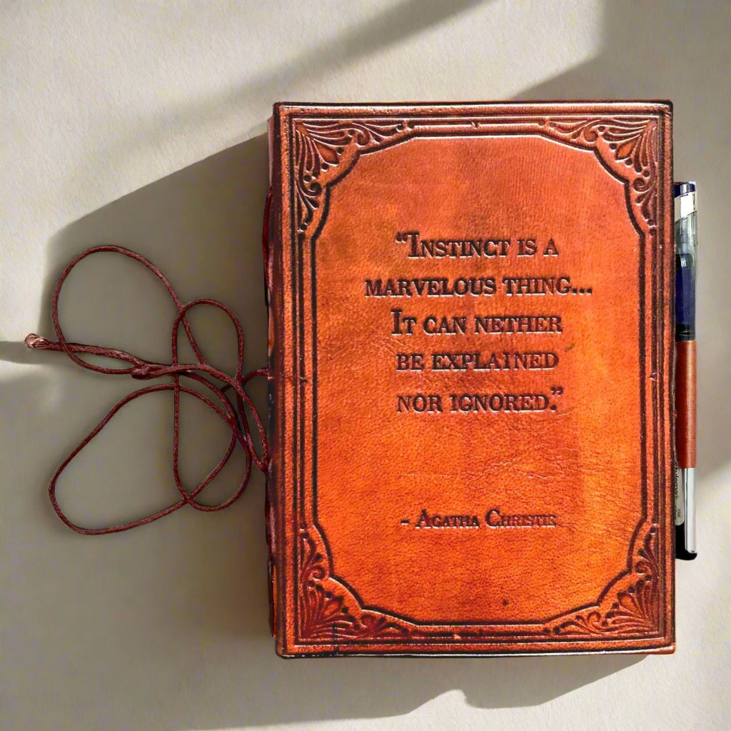 "Instinct Is A Marvelous Thing" Agatha Christie Handcrafted Leather Embossed Journal - Leather Journals By Soothi
