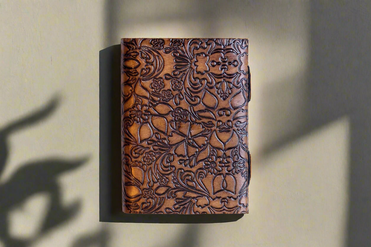 Rustic floral leather journal with latch – beautifully detailed cover for poetry, notes, and daily reflections